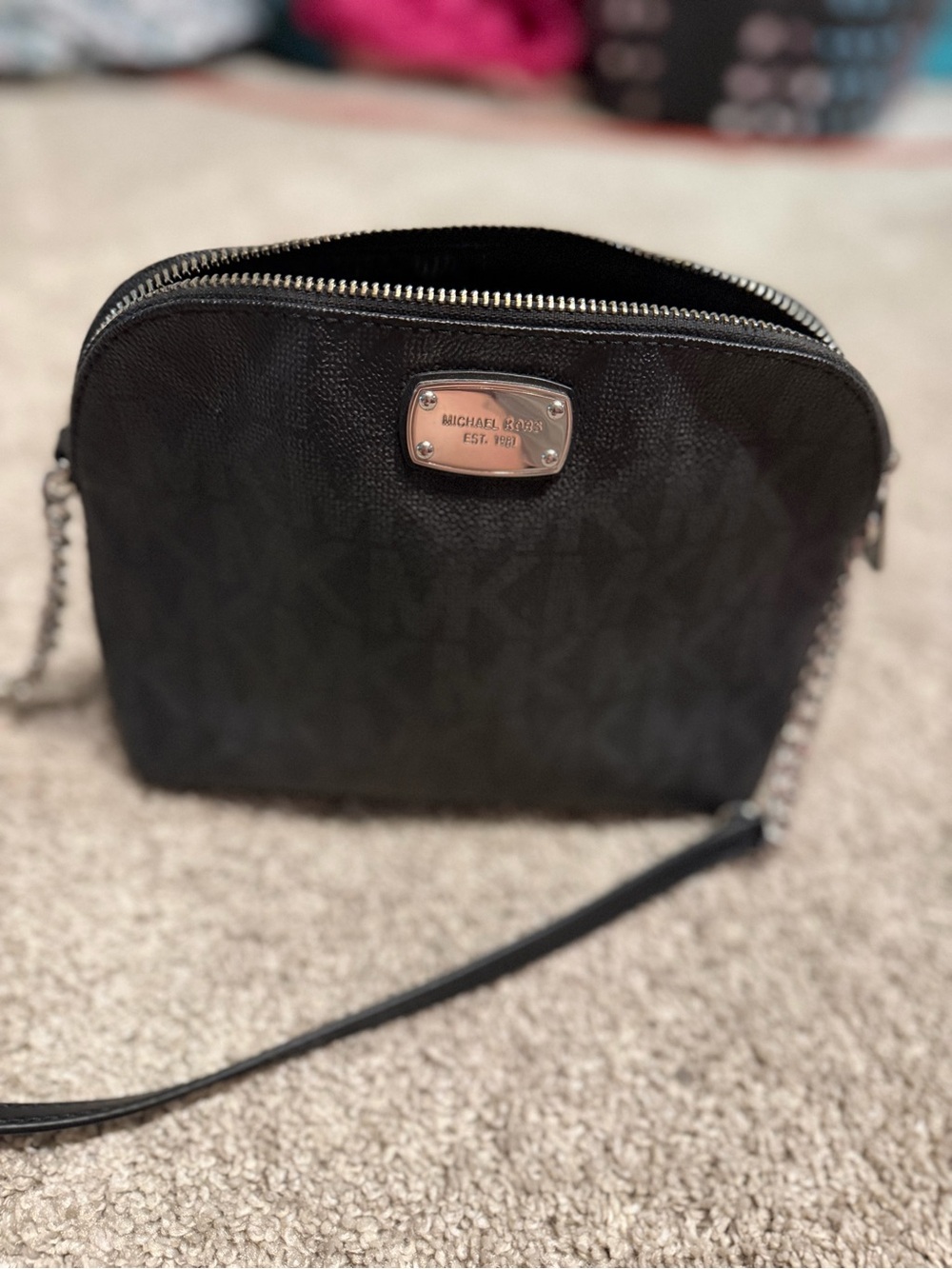MICHAEL Michael Kors Black Logo Dome Crossbody with Silver Plate